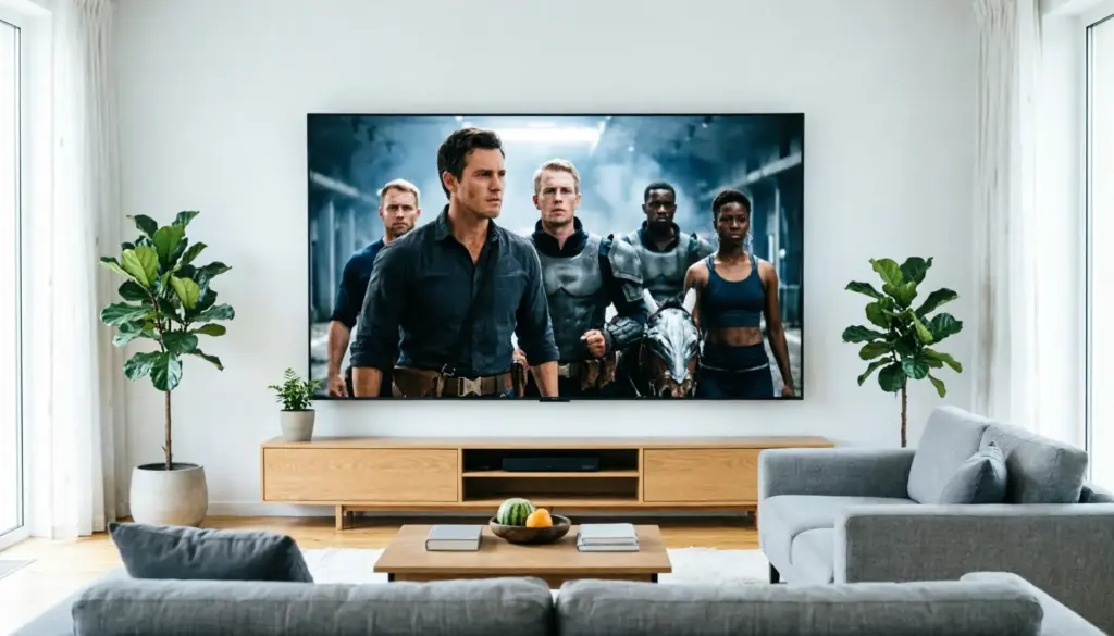 Smart TV Bildschirm mit Übersicht der Top 5 IPTV Dienste und deren Senderauswahl im Test 2026